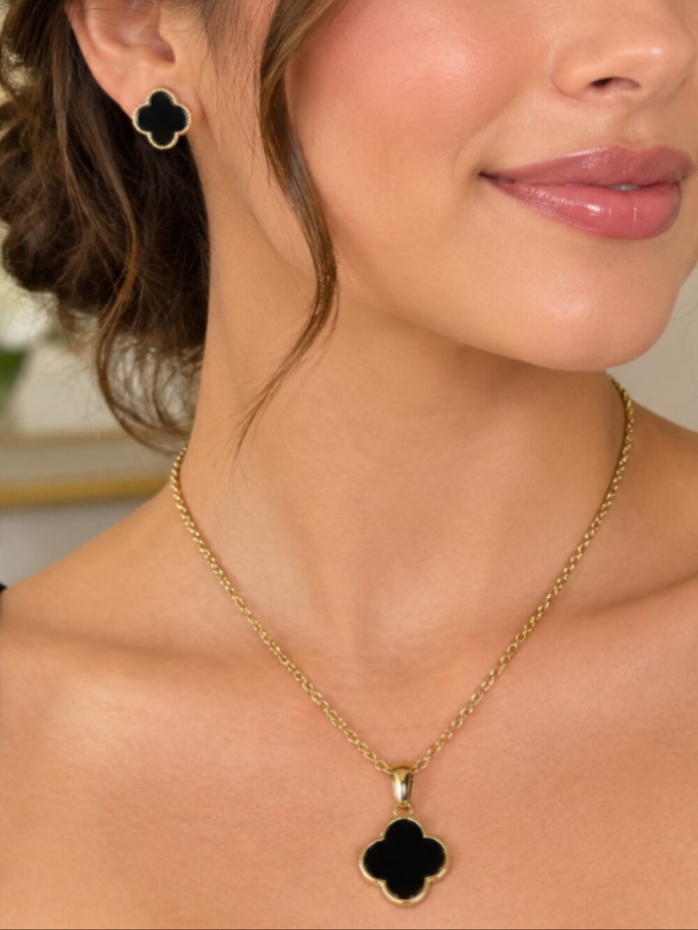 Gold Black Clover Necklace and Earring Set Stainless Jewelry NWT